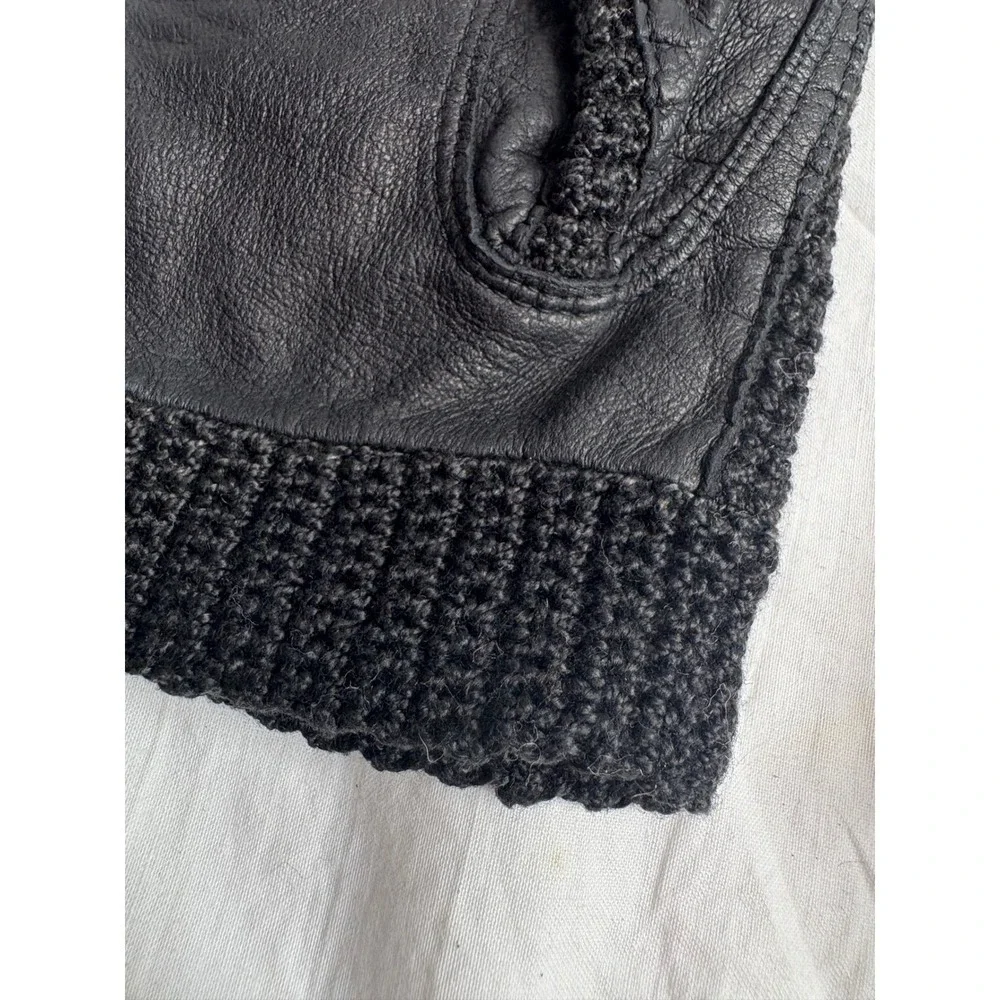 Vintage Black Leather Crochet Knit Gloves Womens Driving